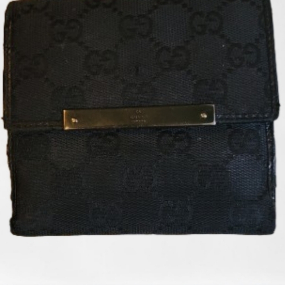 Gucci Black Wallet COMPACT Monogram Metal Bar French Flap Wallet Black AUTHENTIC - Picture 3 of 13